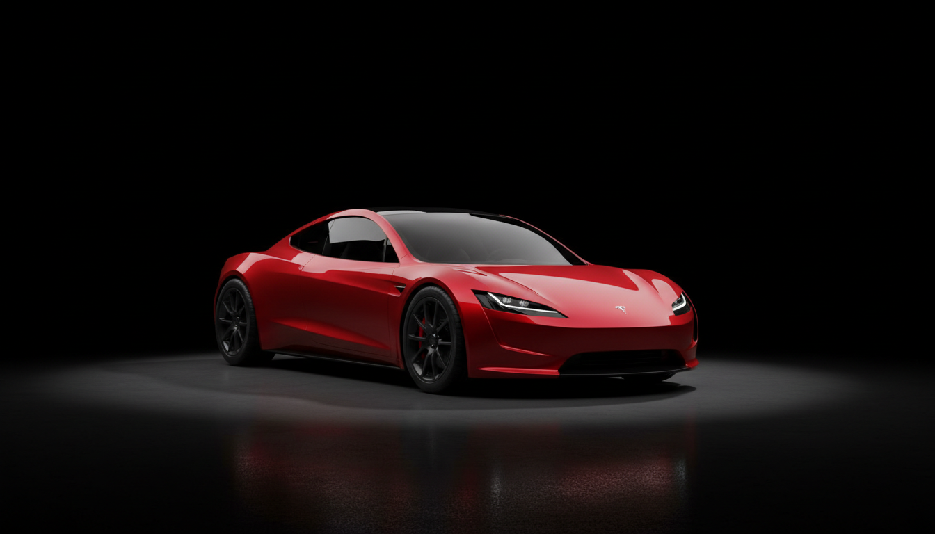 Red second-generation Tesla Roadster in a dramatic dark studio setting