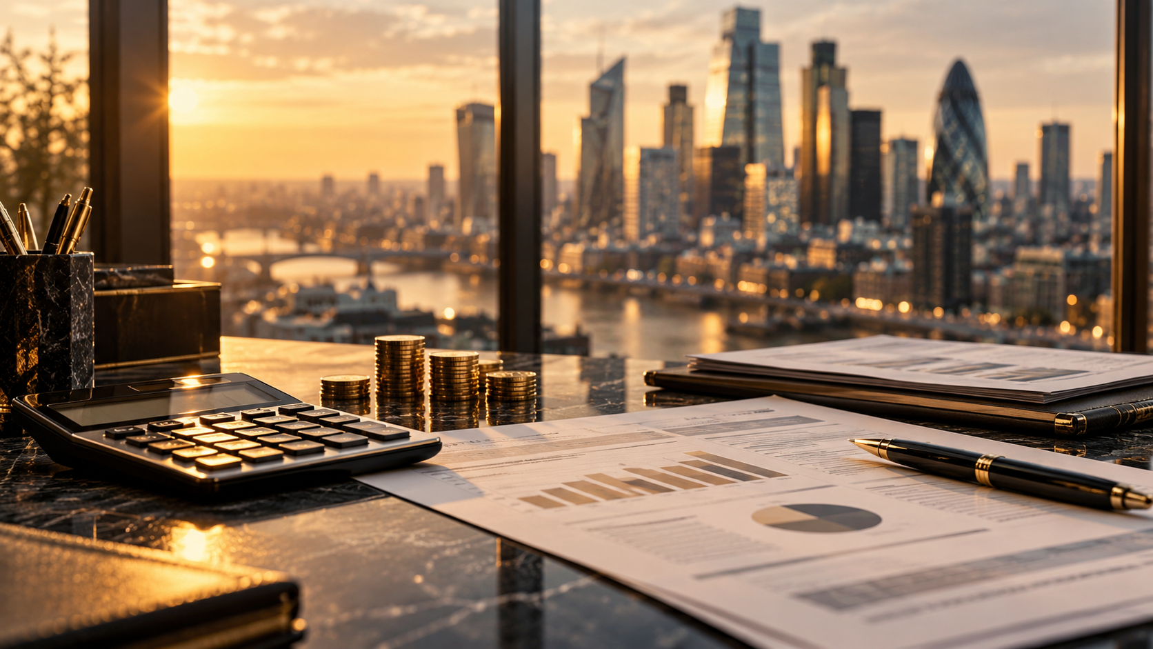 Calculator, coins, and financial reports on a desk overlooking a city financial district at sunset.
